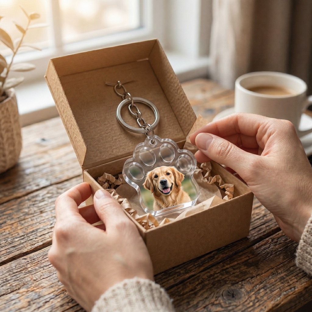 Hands opening a small gift box containing a custom pet portrait keychain